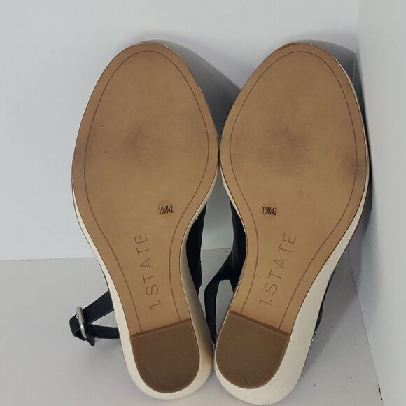 1. State Black Leather Genna Slingback Wedge Sandal Peep Toe Heel 10M - Picture 11 of 14